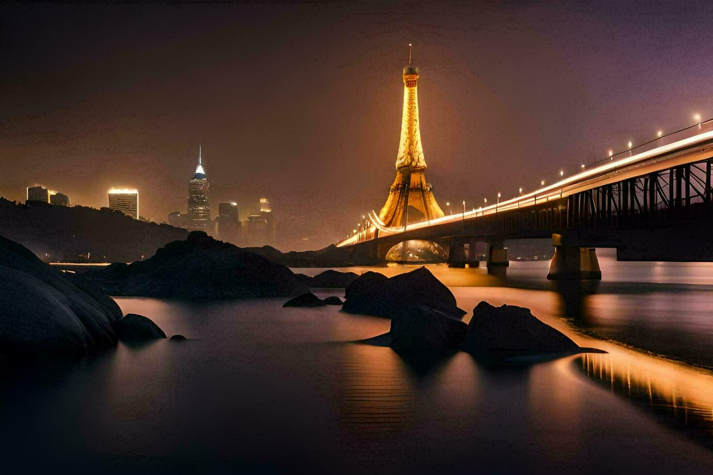 el eiffel torre en llevar a la fuerza a noche. generado por ai foto