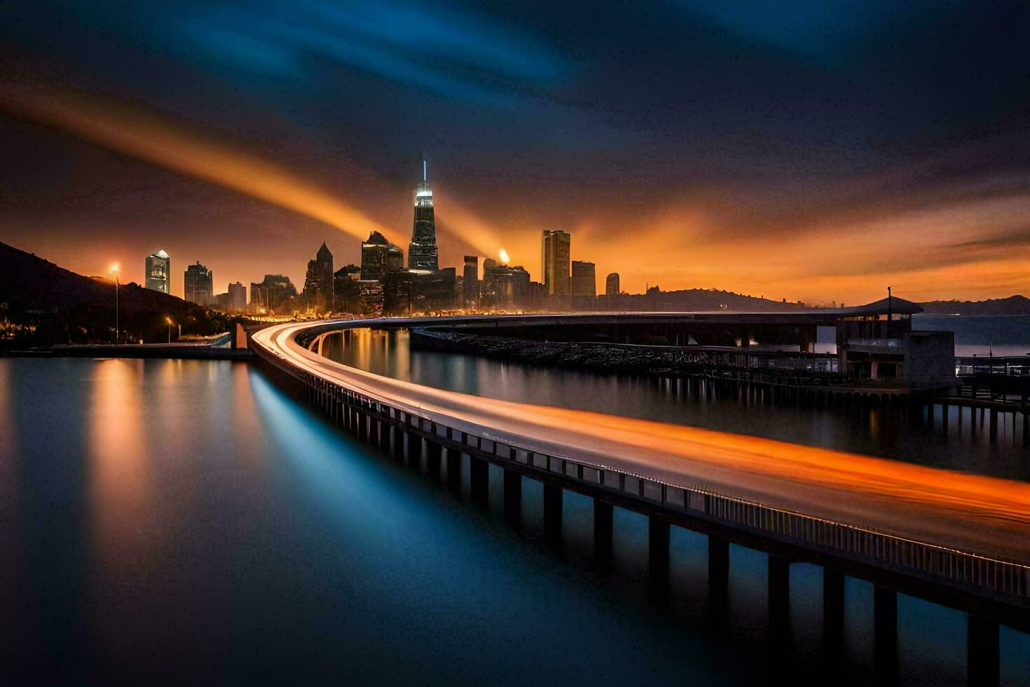 el ciudad horizonte a noche con largo exposición. generado por ai foto