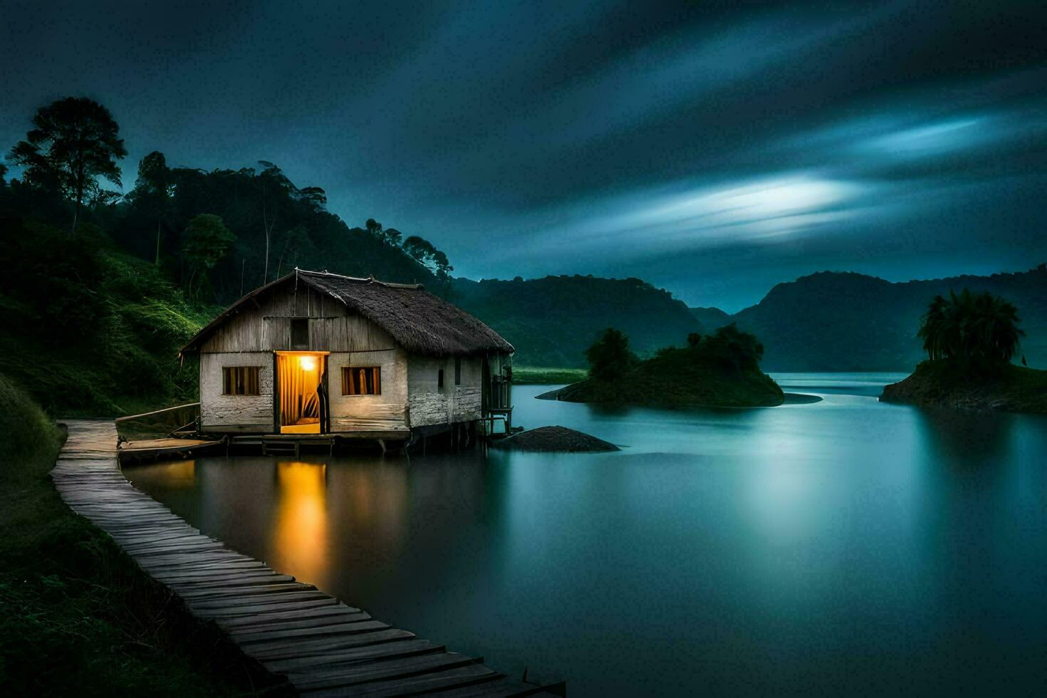 a small house sits on the edge of a lake at night. AI-Generated photo