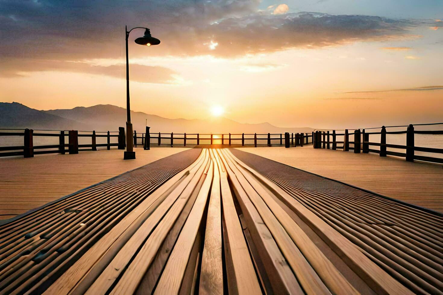 a wooden pier with a sunset in the background. AI-Generated photo