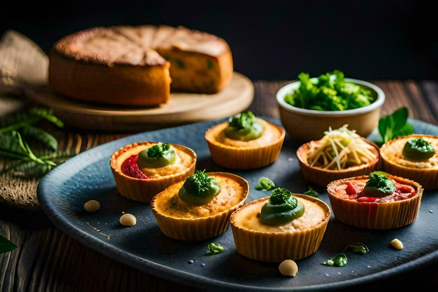 mini quiches on a plate with cheese and herbs. AI-Generated photo