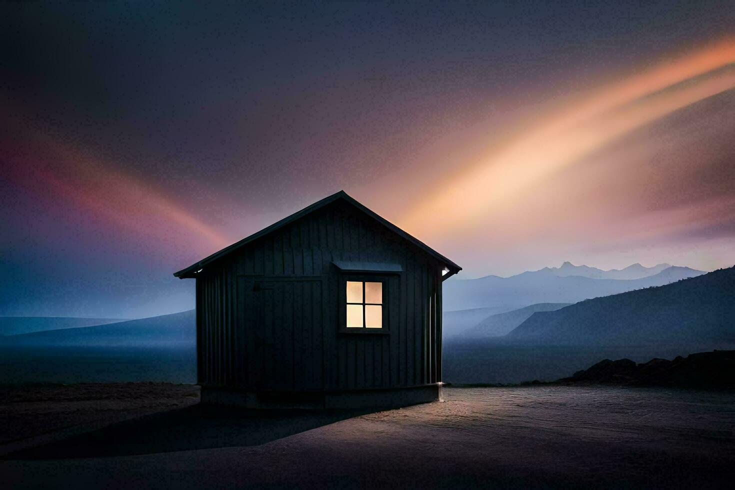 un pequeño cabina en el medio de un campo con un arco iris en el cielo. generado por ai foto