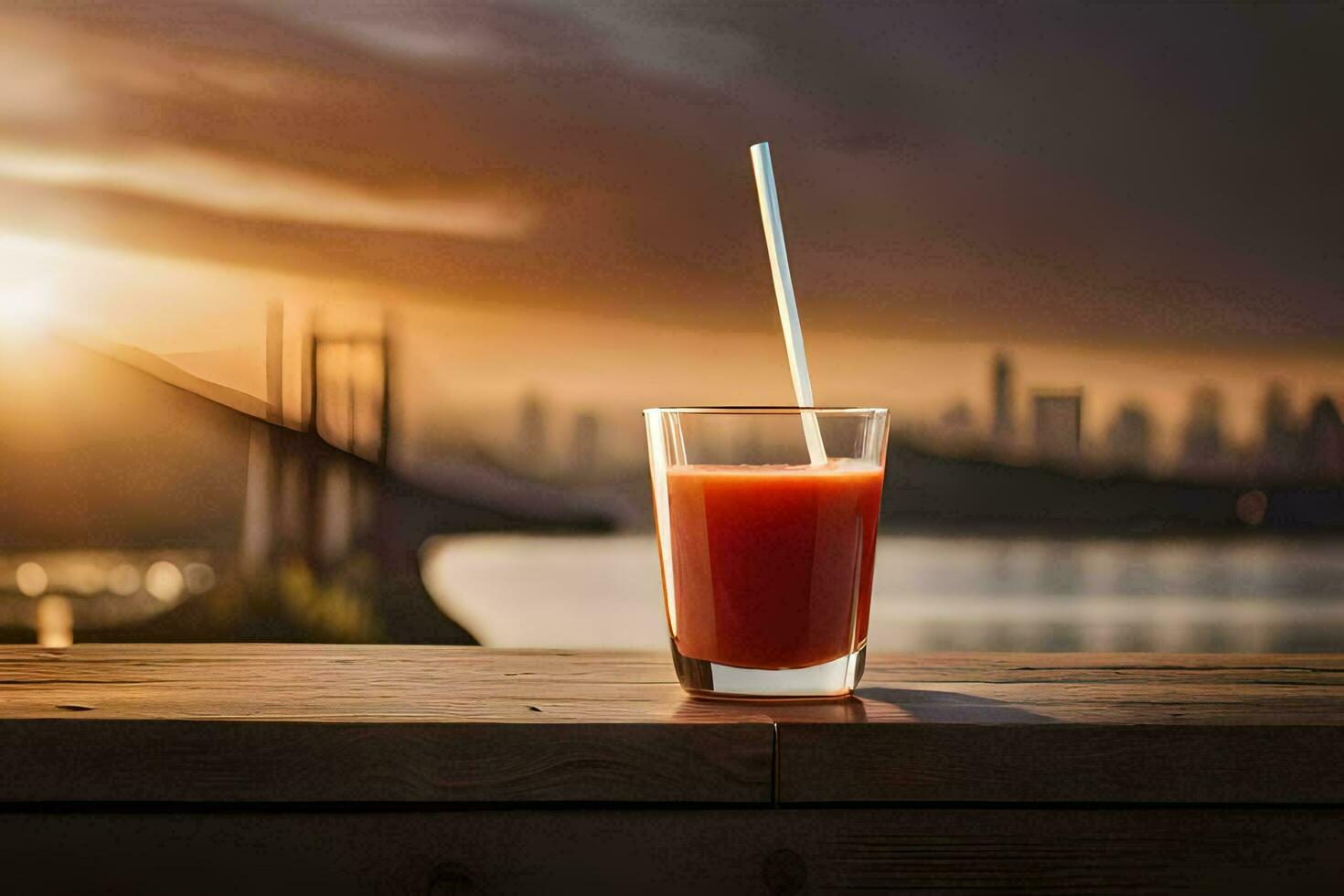 a glass of juice with a straw on a table in front of a city skyline. AI-Generated photo