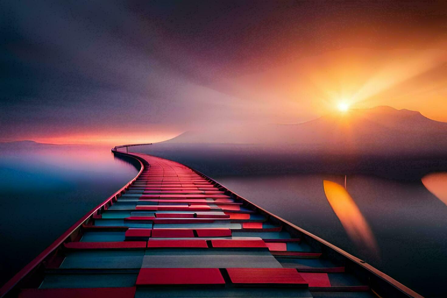a long bridge with red and blue tiles on it. AI-Generated photo