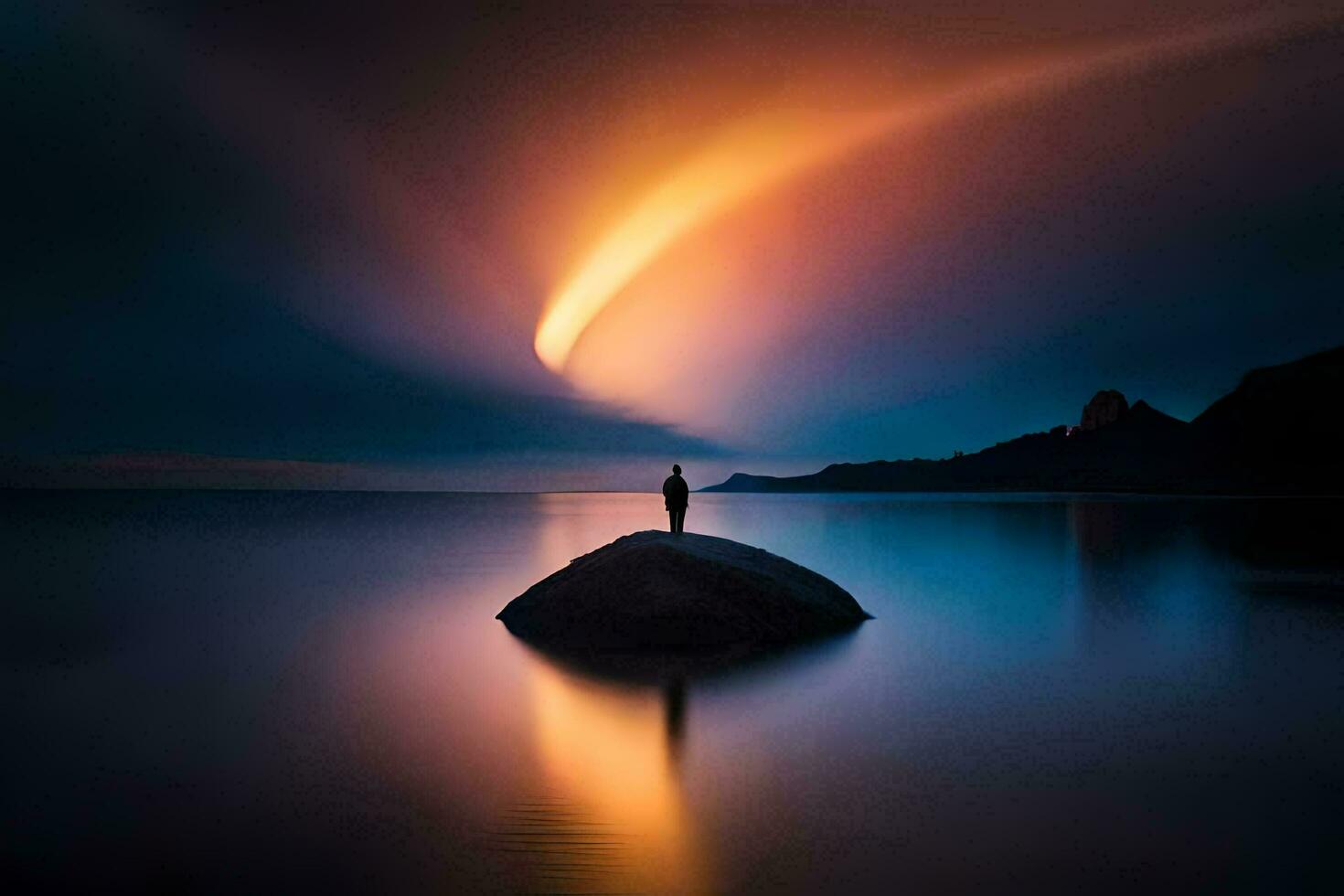 un hombre en pie en un rock en el medio de un lago a noche. generado por ai foto