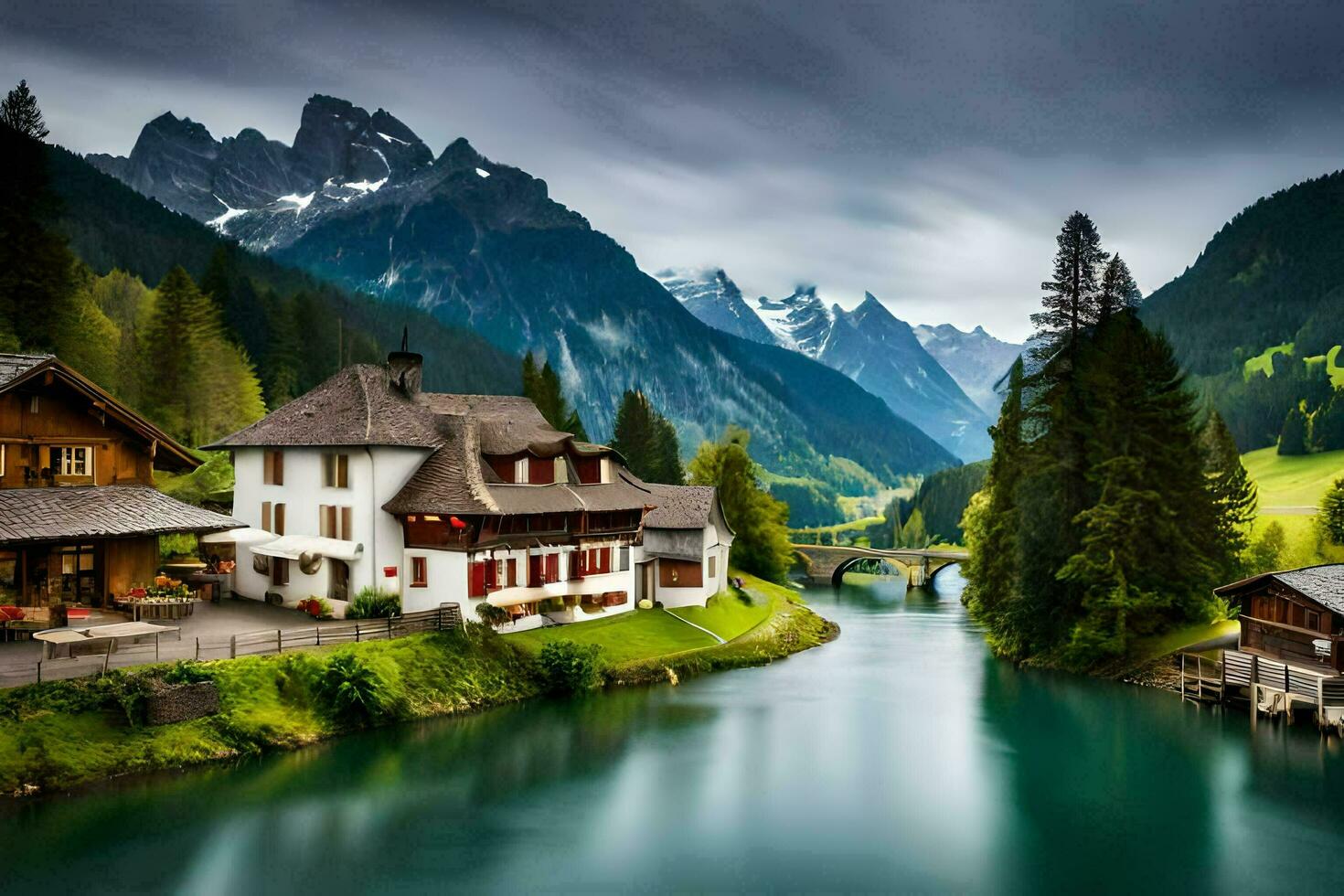 a river runs through a mountain valley with houses and trees. AI-Generated photo