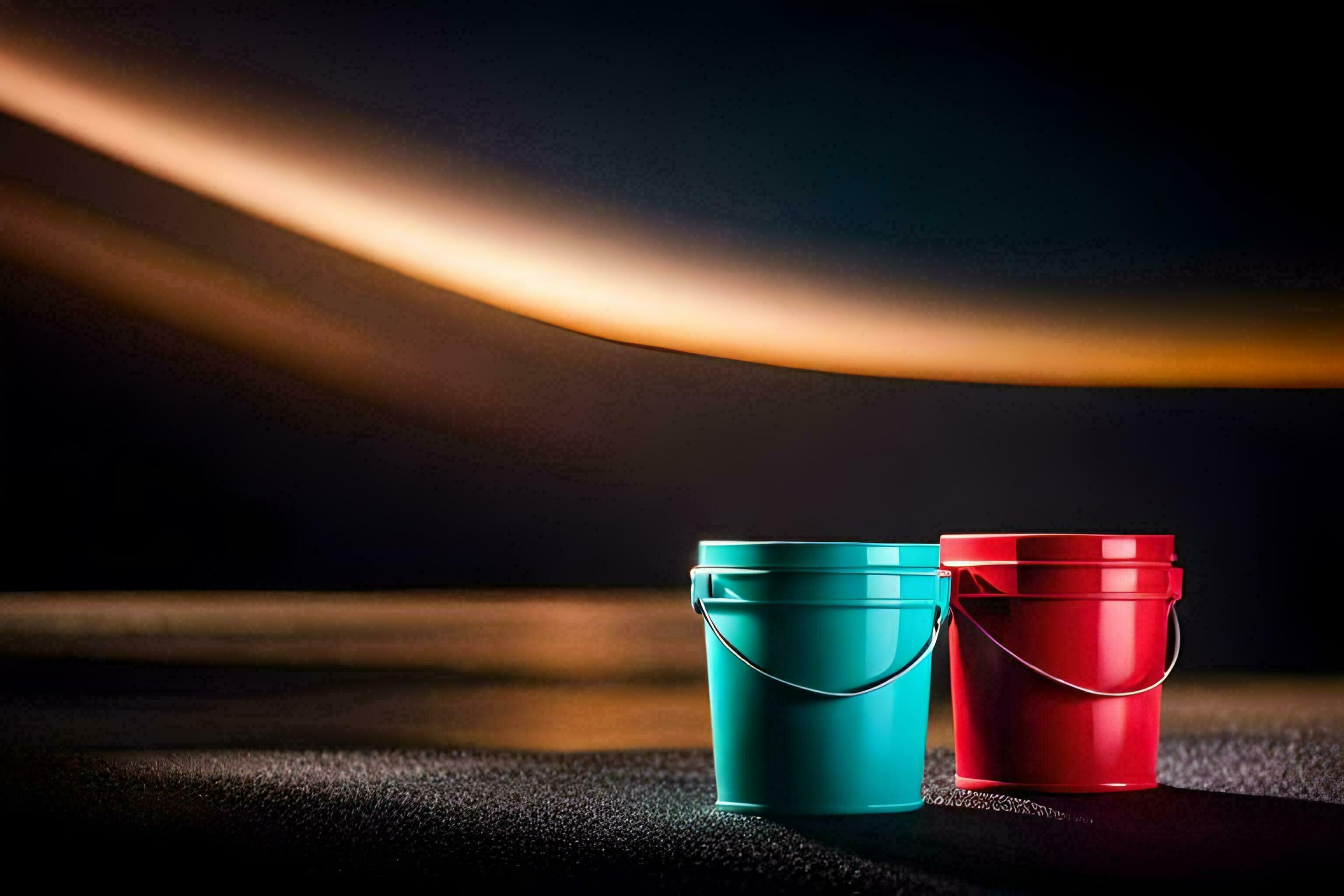two red and blue buckets sitting on a black surface. AIGenerated