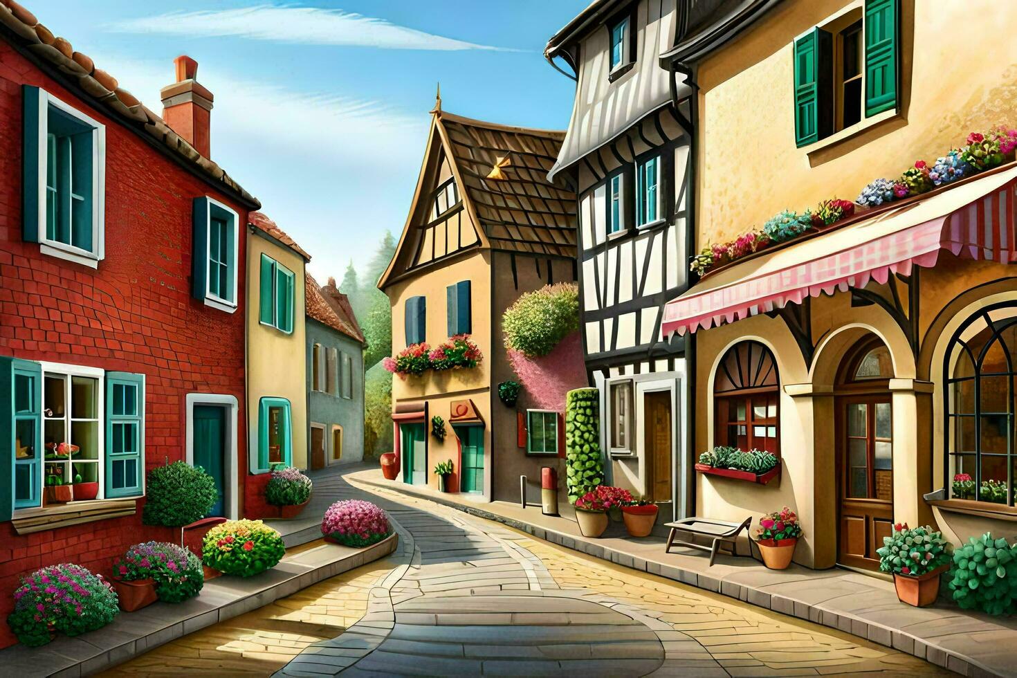 an illustration of a street in a small town. AI-Generated photo