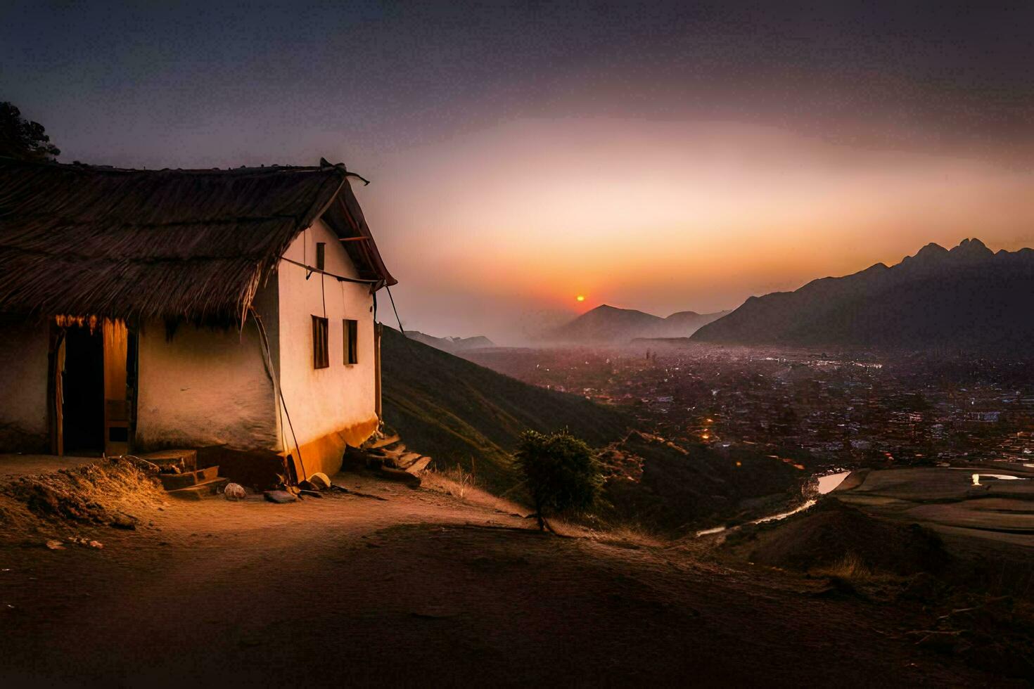 the sun sets over the mountains. AI-Generated photo