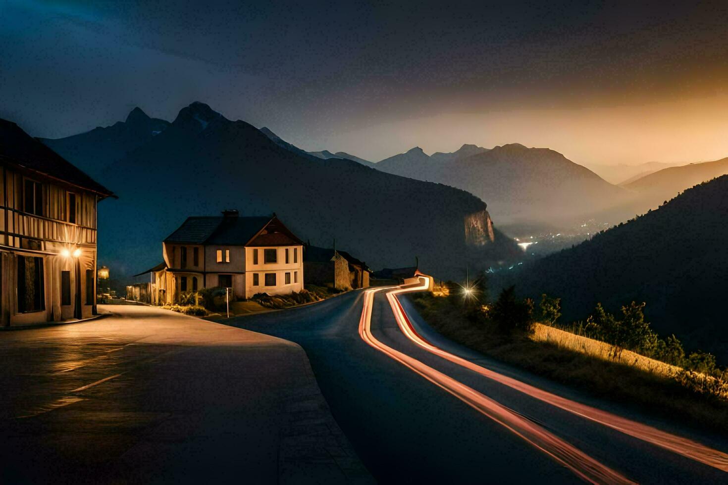 a road in the mountains at sunset. AI-Generated photo