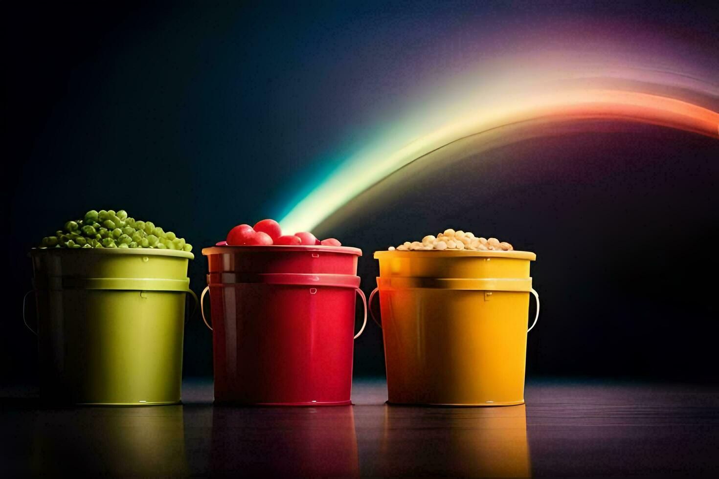 three colorful buckets with food in them. AI-Generated photo
