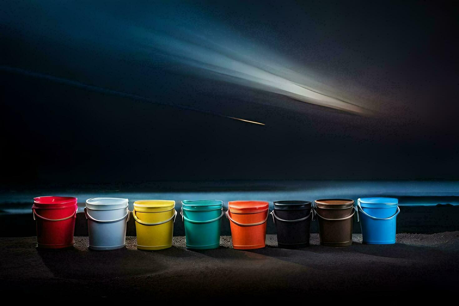 a row of buckets on the beach at night. AI-Generated photo