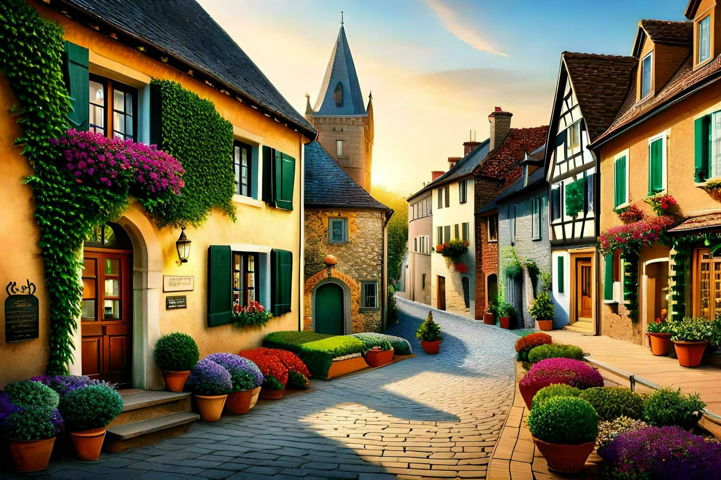 a street in a european village with flowers and potted plants. AI-Generated photo