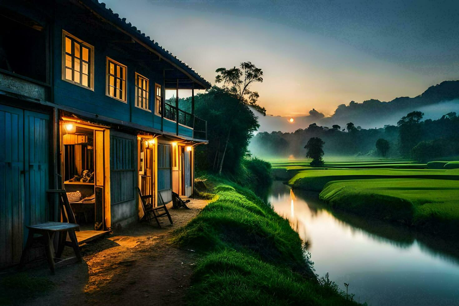 the house of the rice fields. AI-Generated photo