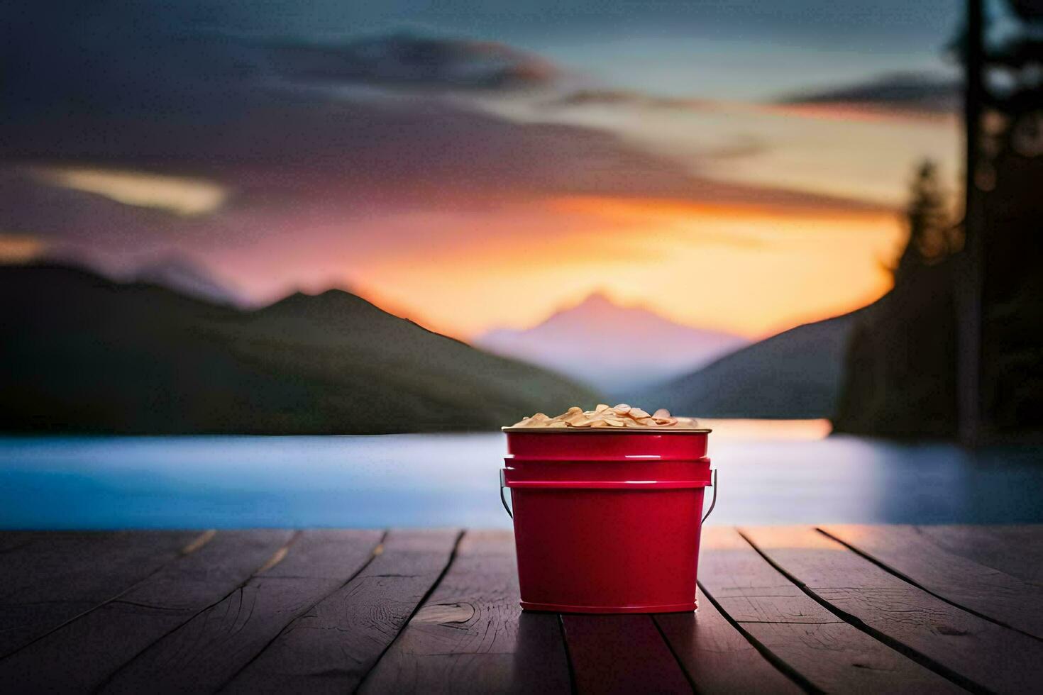 a bucket of popcorn on a wooden deck overlooking a lake. AI-Generated photo