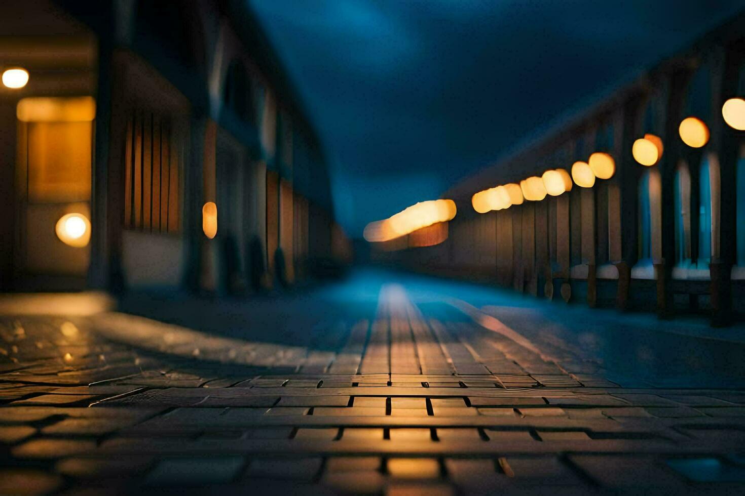 a long walkway with lights on it at night. AI-Generated photo