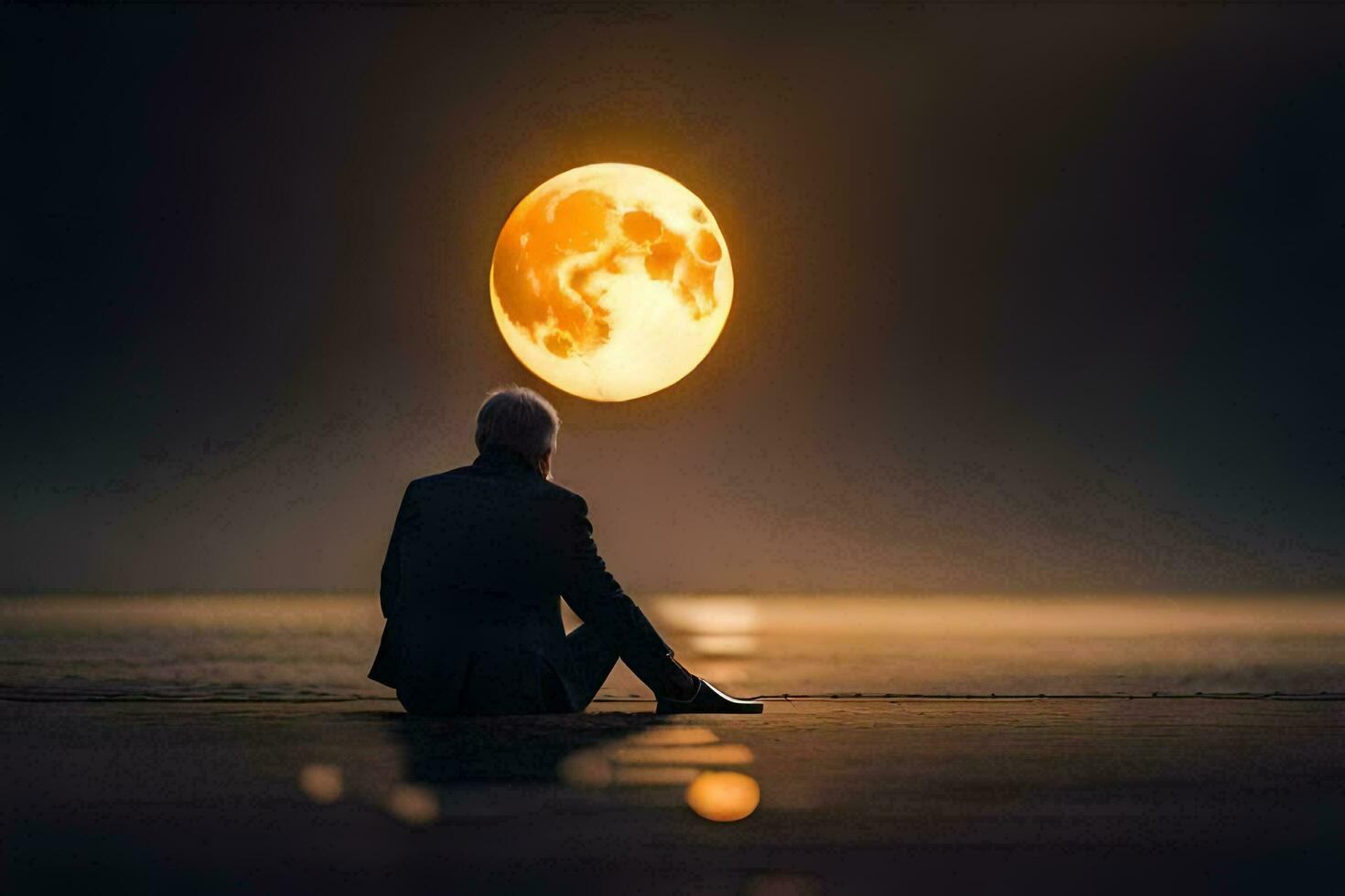 a man sitting on the ground looking at the moon. AI-Generated photo