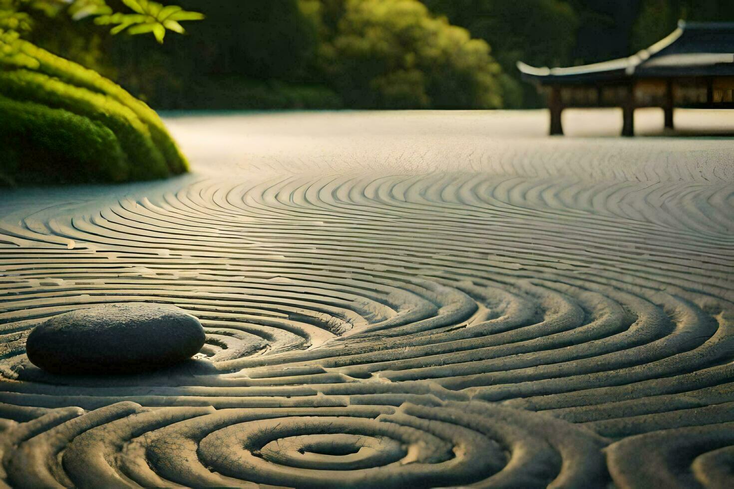 a stone is sitting on the ground in front of a pond. AI-Generated photo