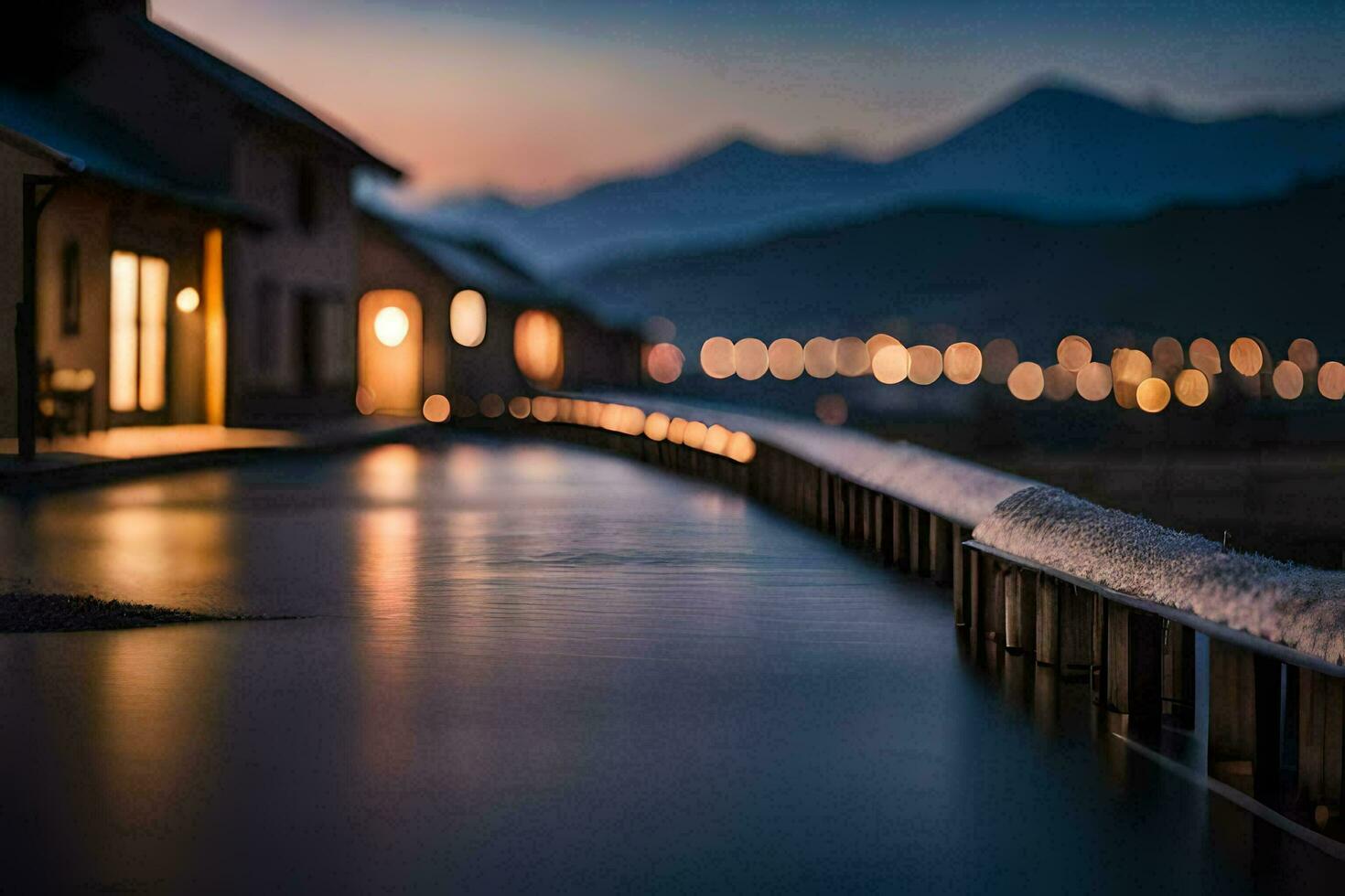 a long walkway in front of a house at night. AI-Generated photo