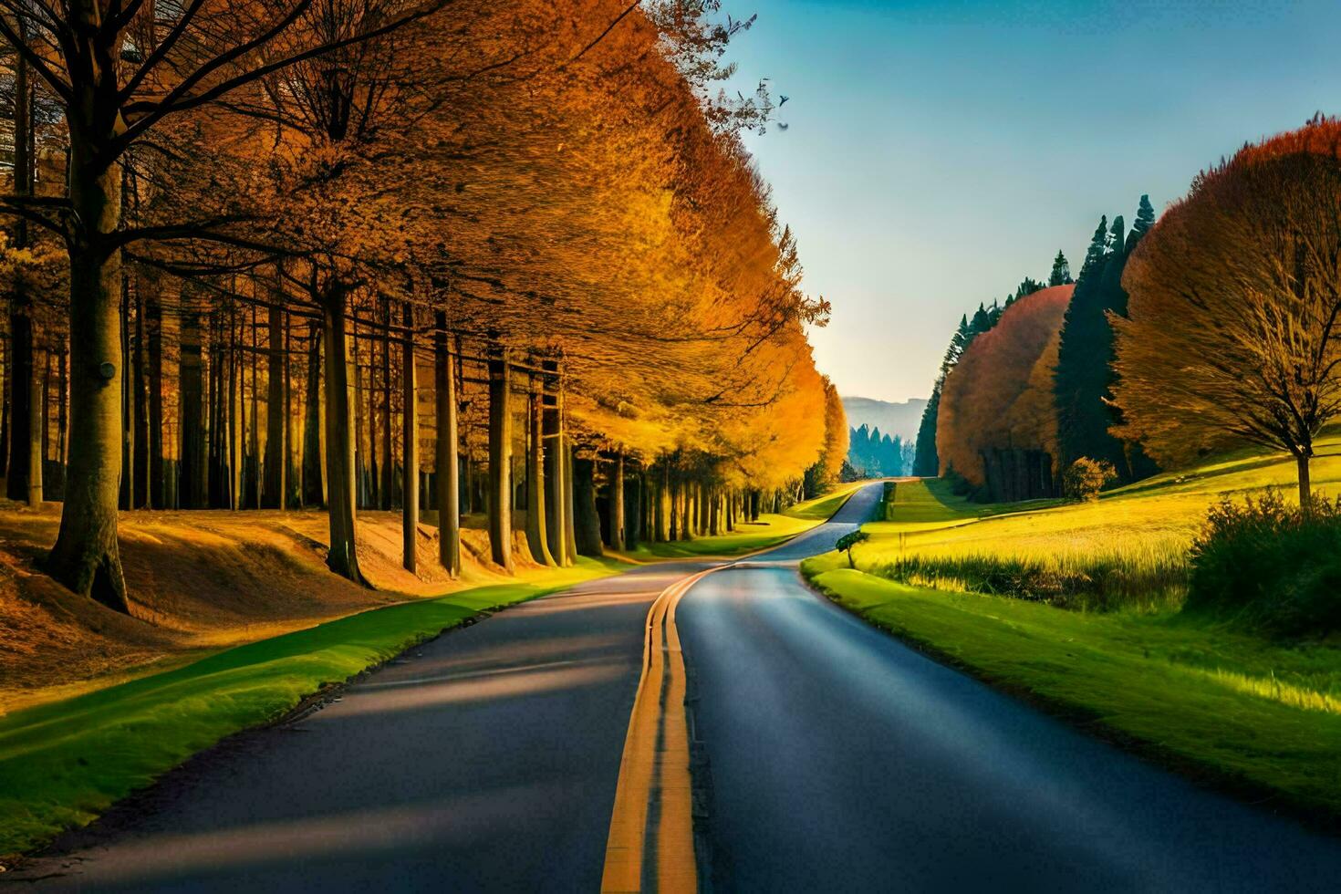 a road lined with trees in the fall. AI-Generated photo