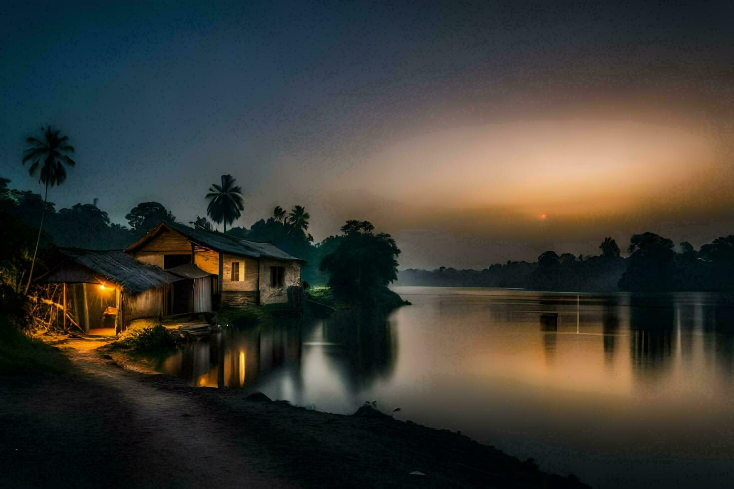 a house on the river at dusk. AI-Generated photo