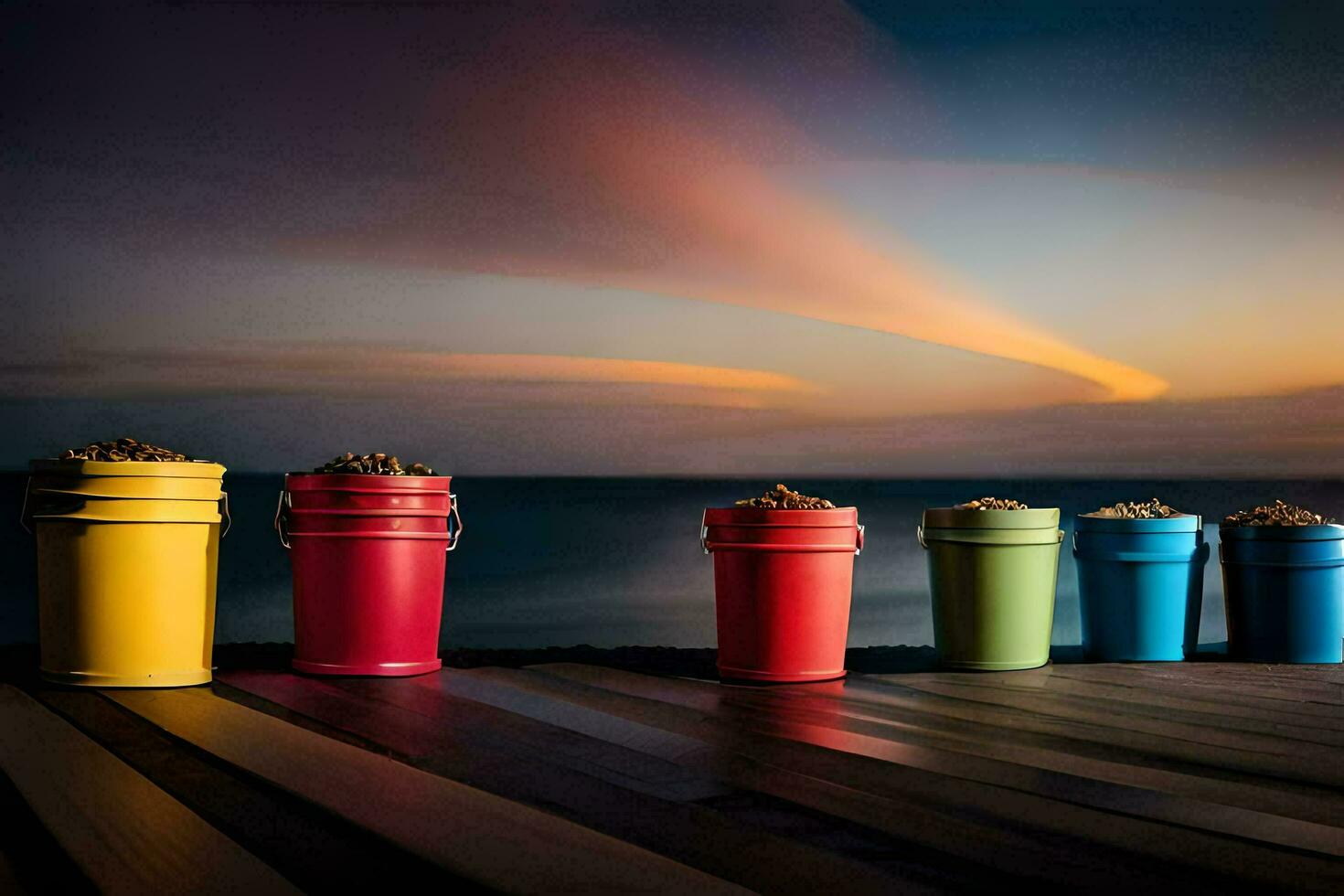 five colorful buckets on a wooden deck with a sunset in the background. AI-Generated photo