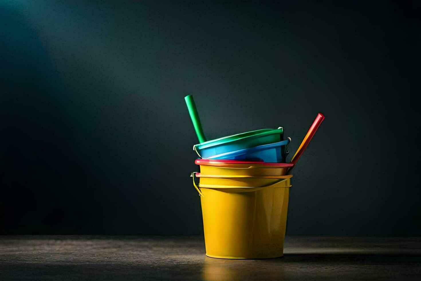 three colorful buckets with straws on a dark table. AI-Generated photo