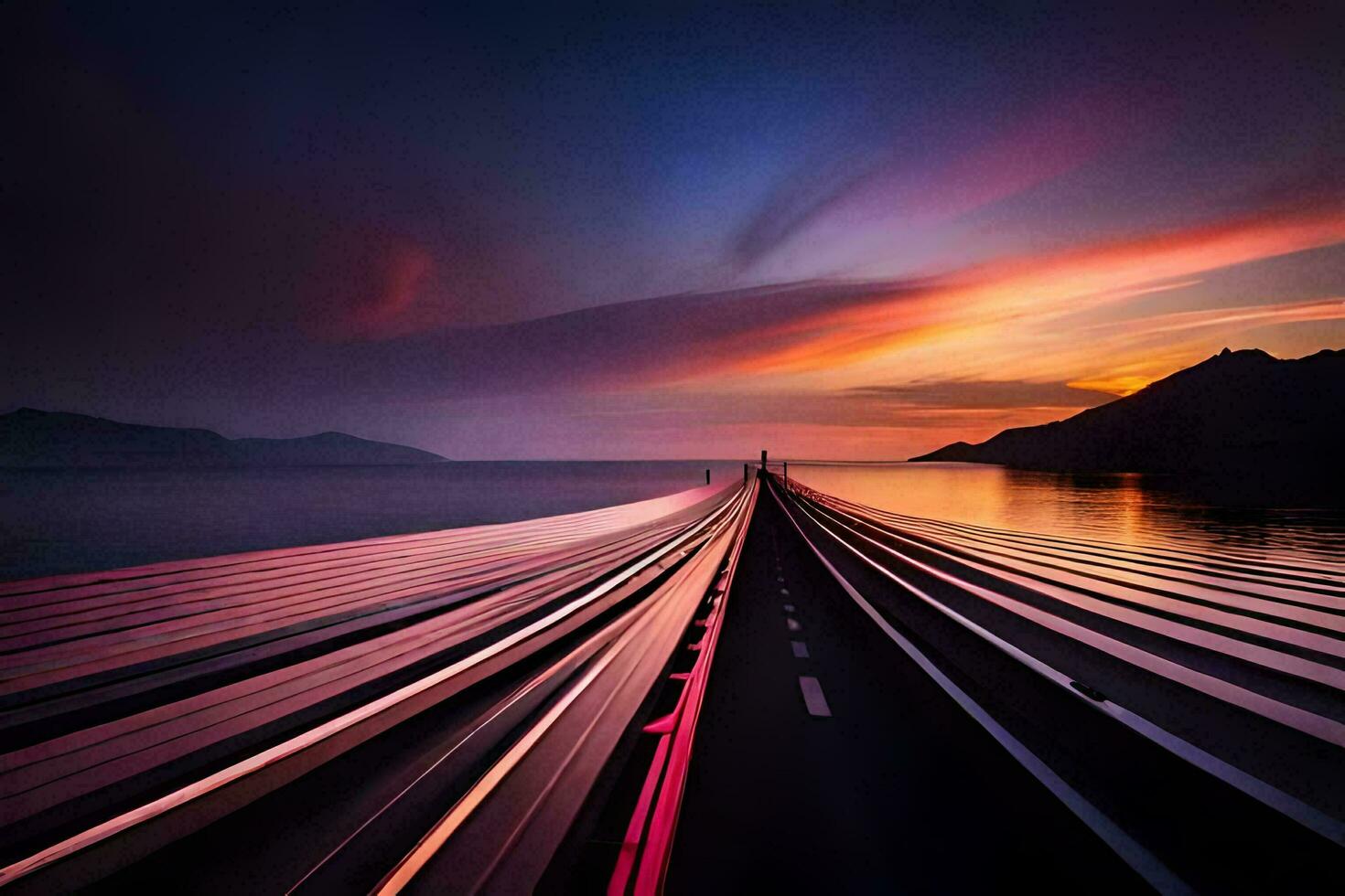 a long exposure photograph of a train track on the ocean. AI-Generated photo