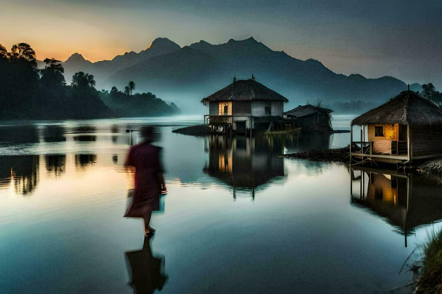 a man walking across the water in front of a small hut. AI-Generated photo