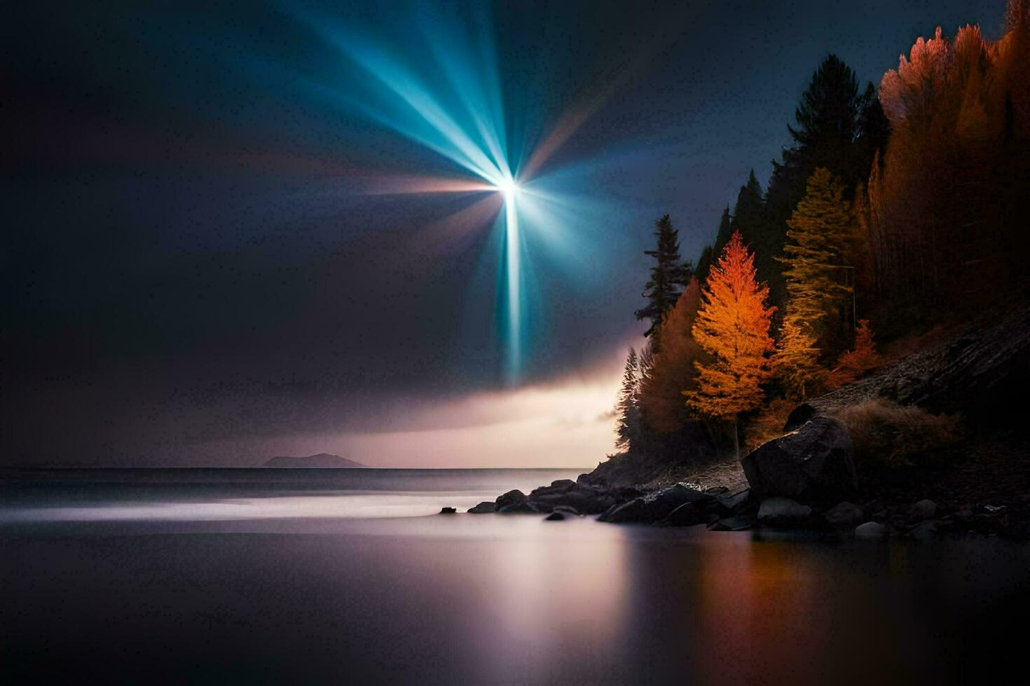 a bright light shines over the water and trees. AI-Generated photo