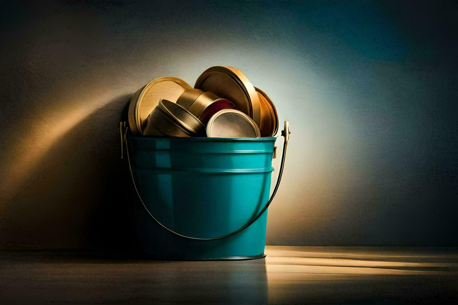 a bucket filled with plates on a table. AI-Generated photo