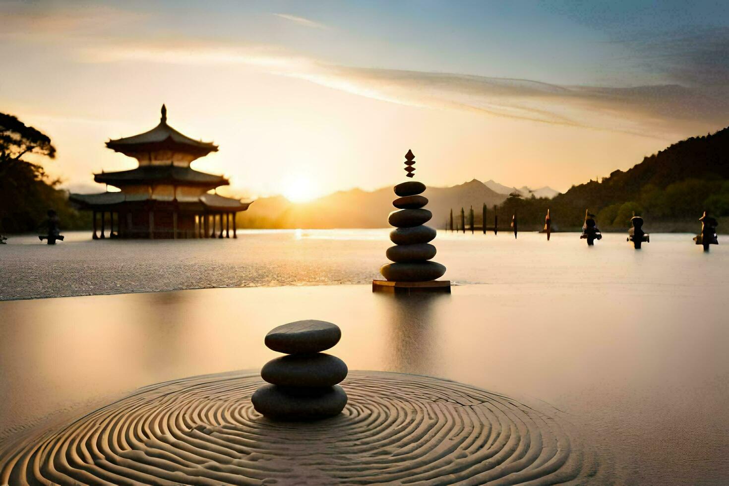 a pagoda in the water with rocks and water. AI-Generated photo