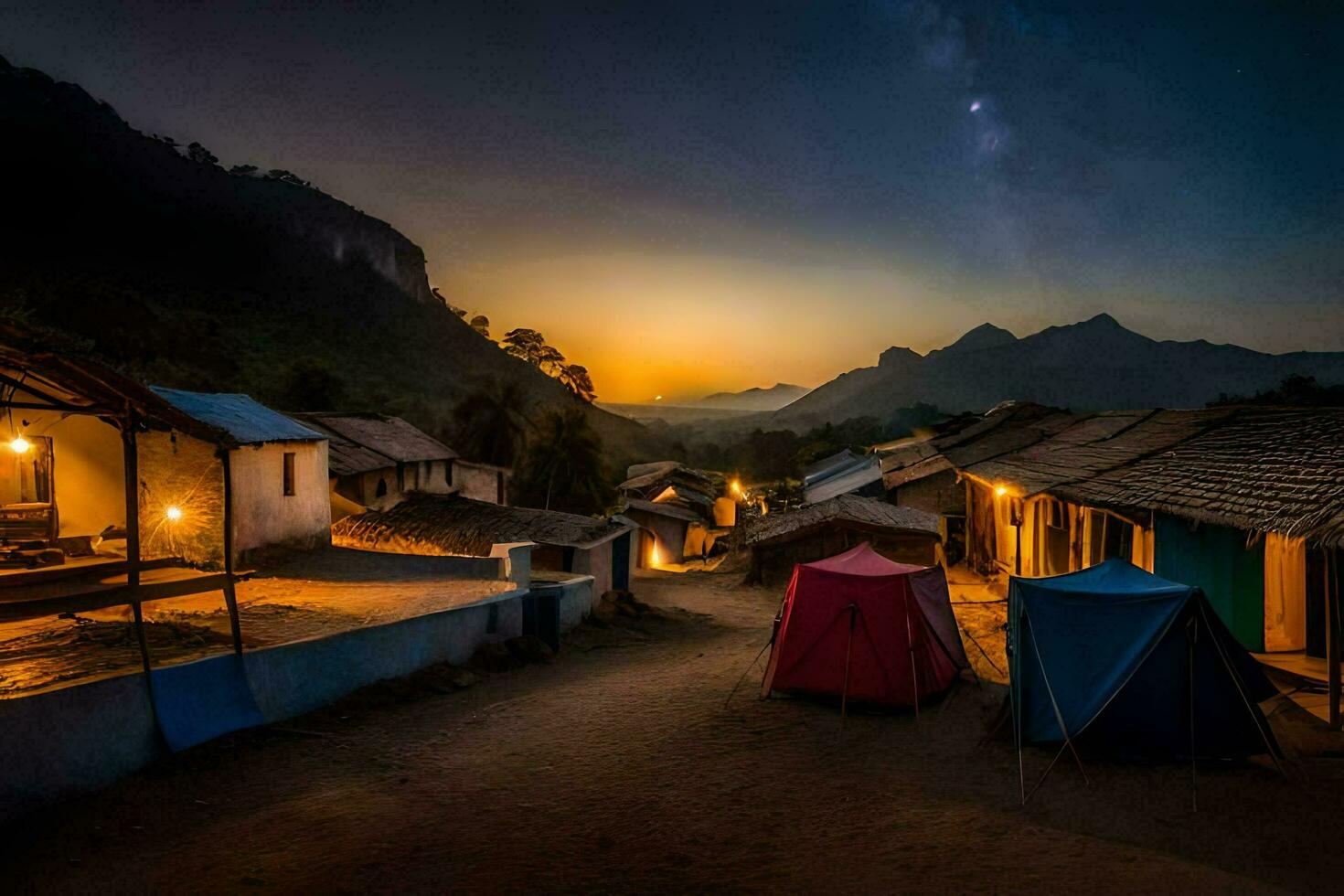 the village at night with tents and mountains in the background. AI-Generated photo