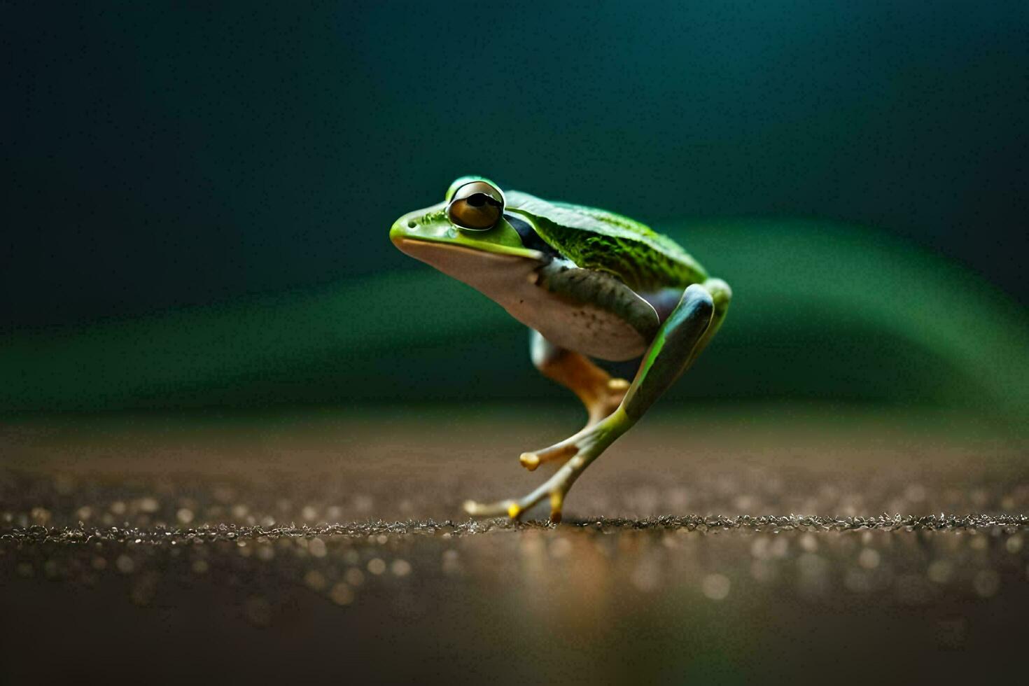 a frog is jumping on the ground. AI-Generated photo