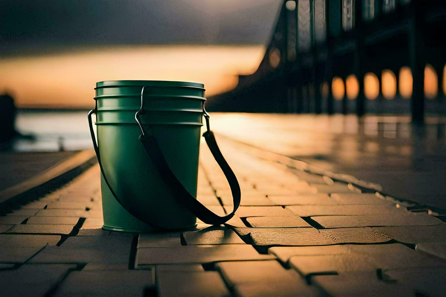 a green bucket sitting on a brick walkway. AI-Generated photo