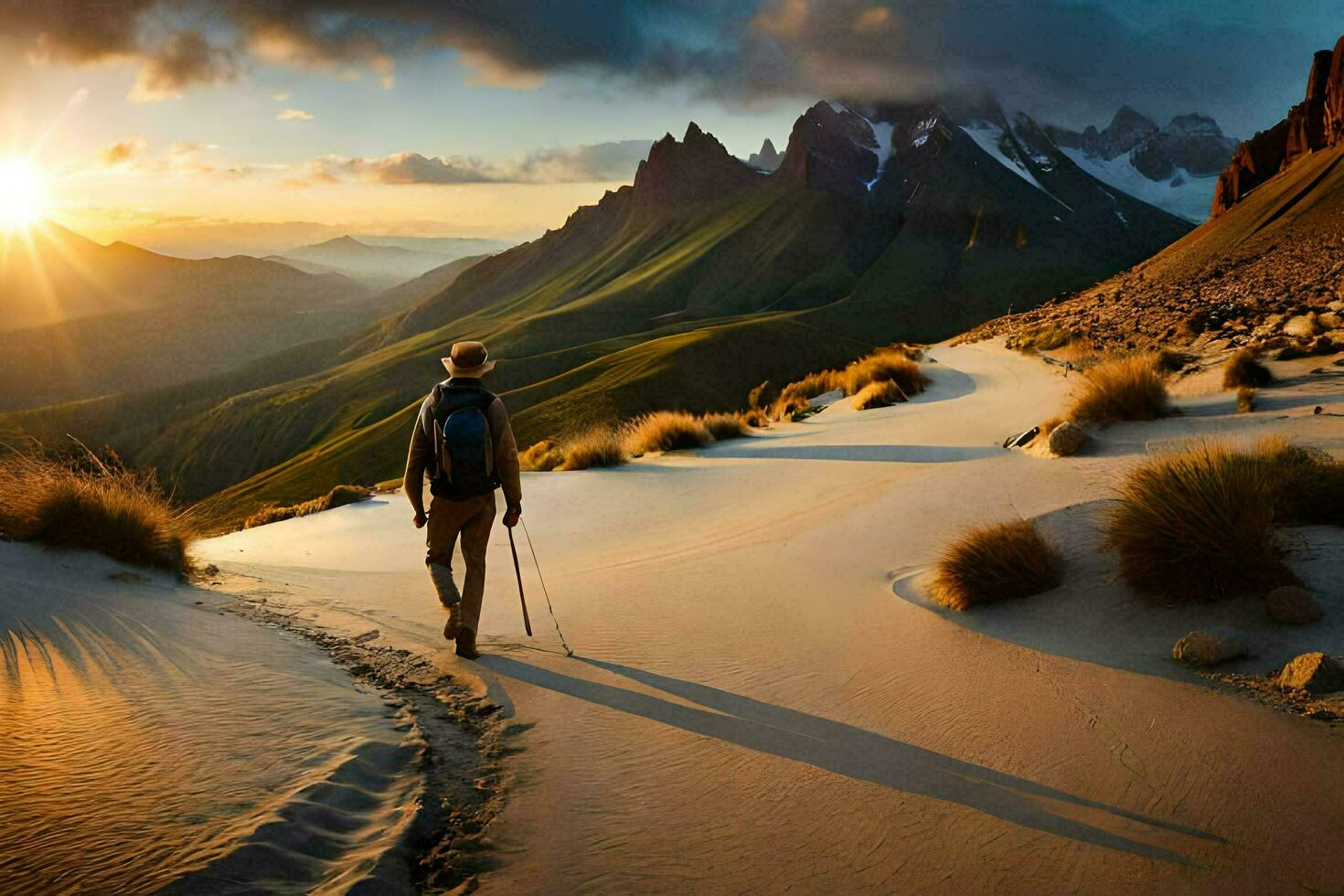 a person walking on a trail in the mountains. AI-Generated photo