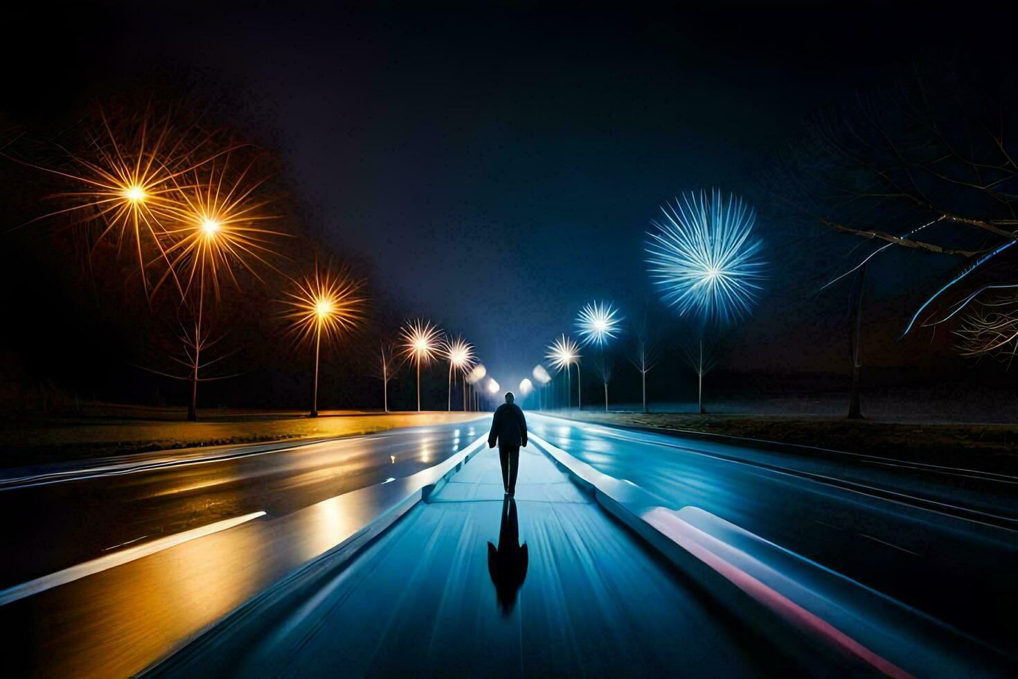 a person walking down the street at night. AI-Generated photo