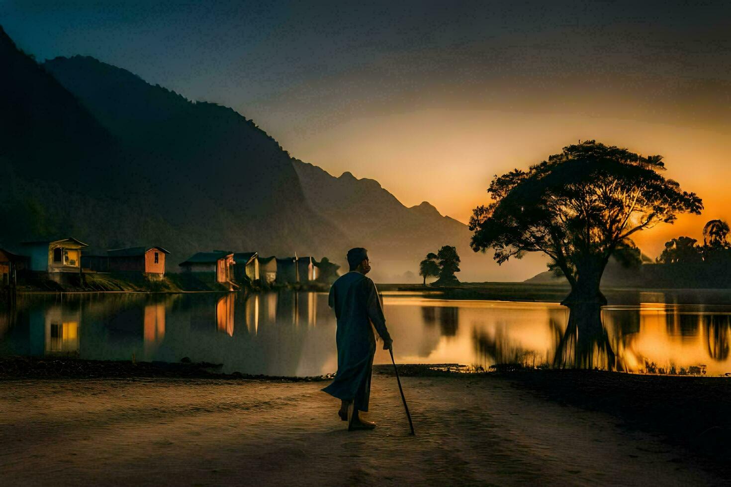 a man walking along the shore of a lake at sunset. AI-Generated photo