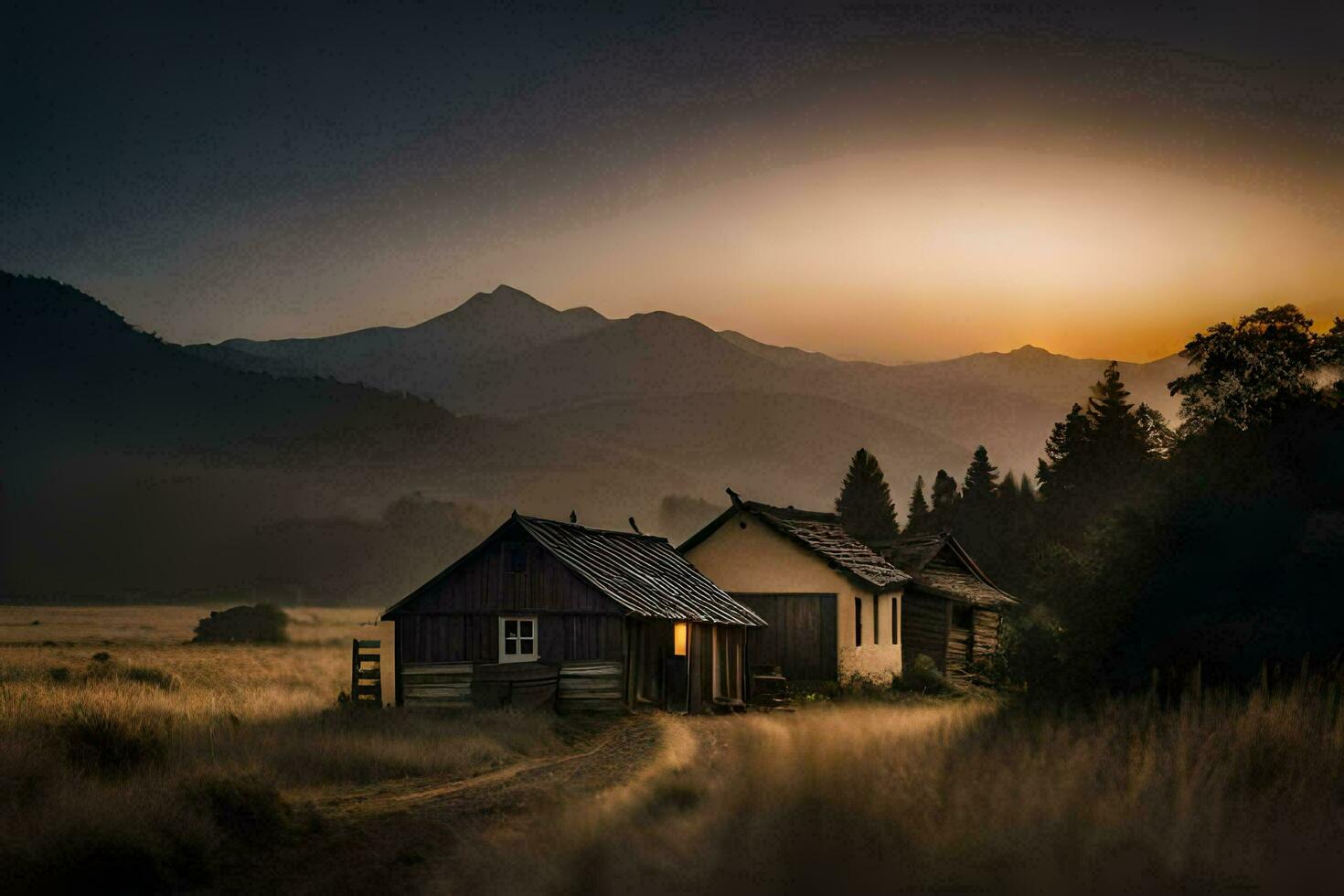 two small wooden houses sit in the middle of a field at sunset. AI-Generated photo
