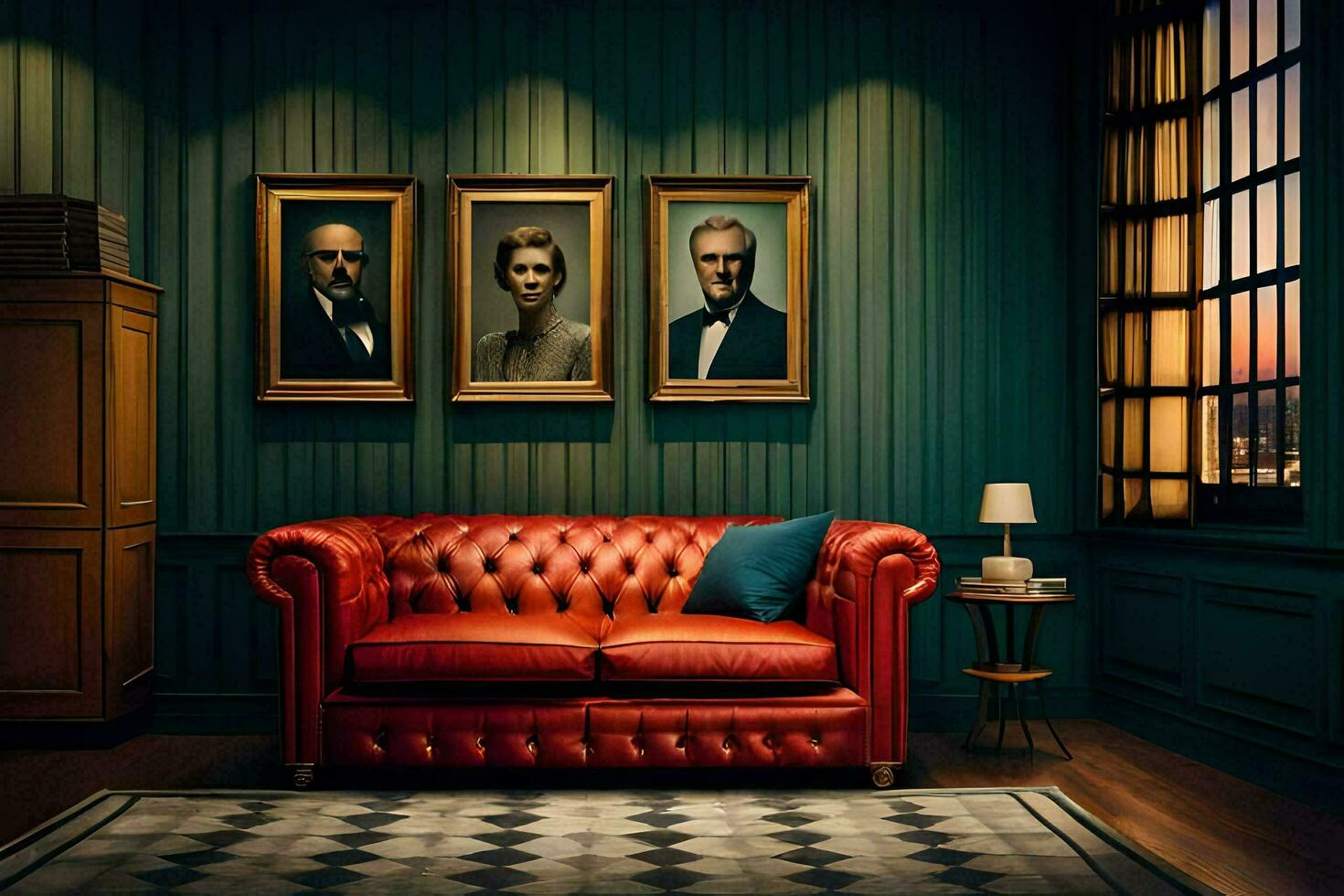 a red leather couch sits in front of a painting of two men. AI-Generated photo
