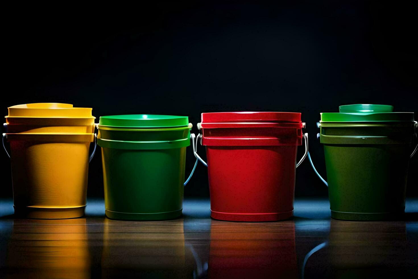 four colorful buckets on a dark background. AI-Generated photo