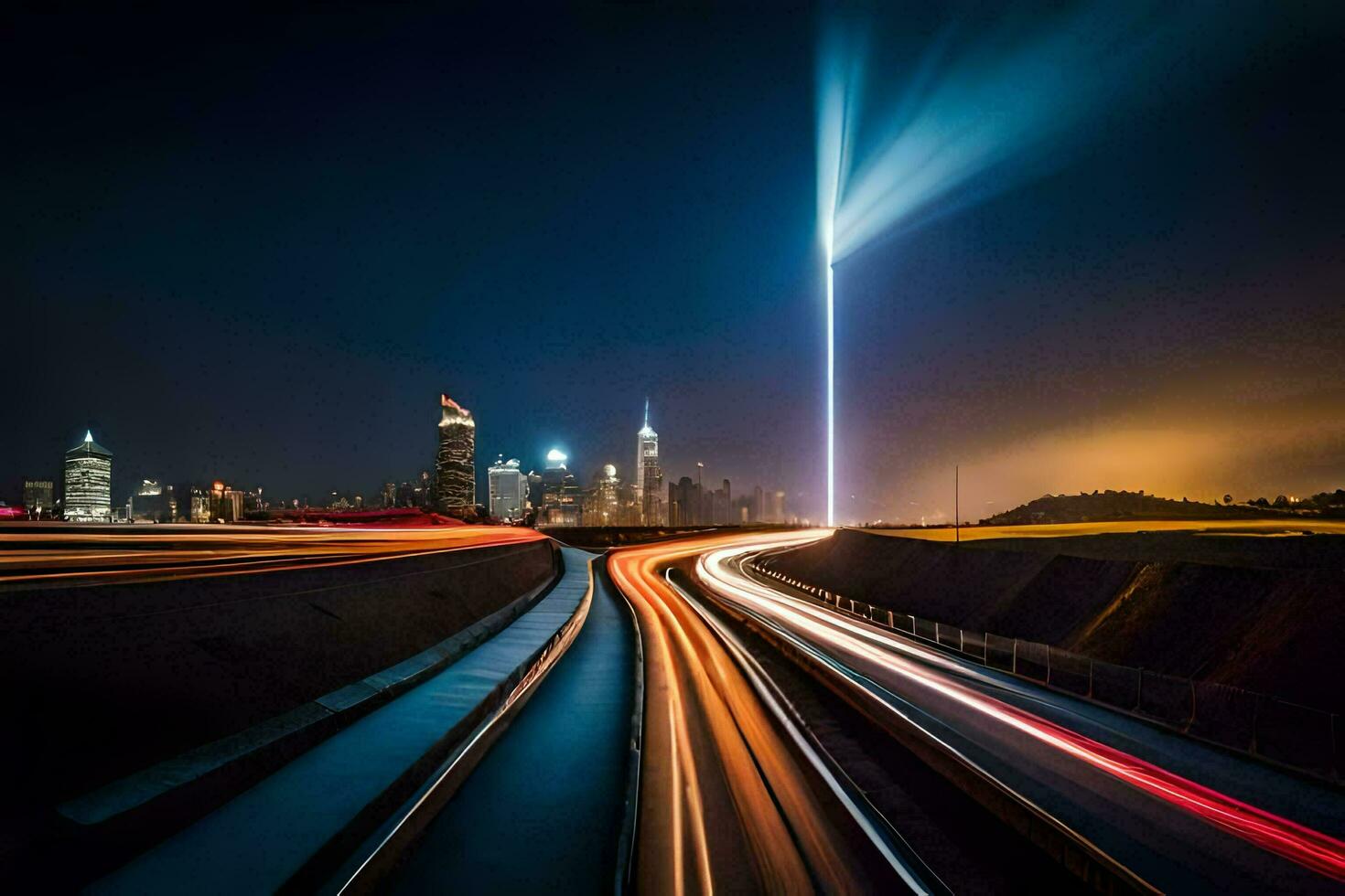 a long exposure photograph of a city skyline at night. AI-Generated photo