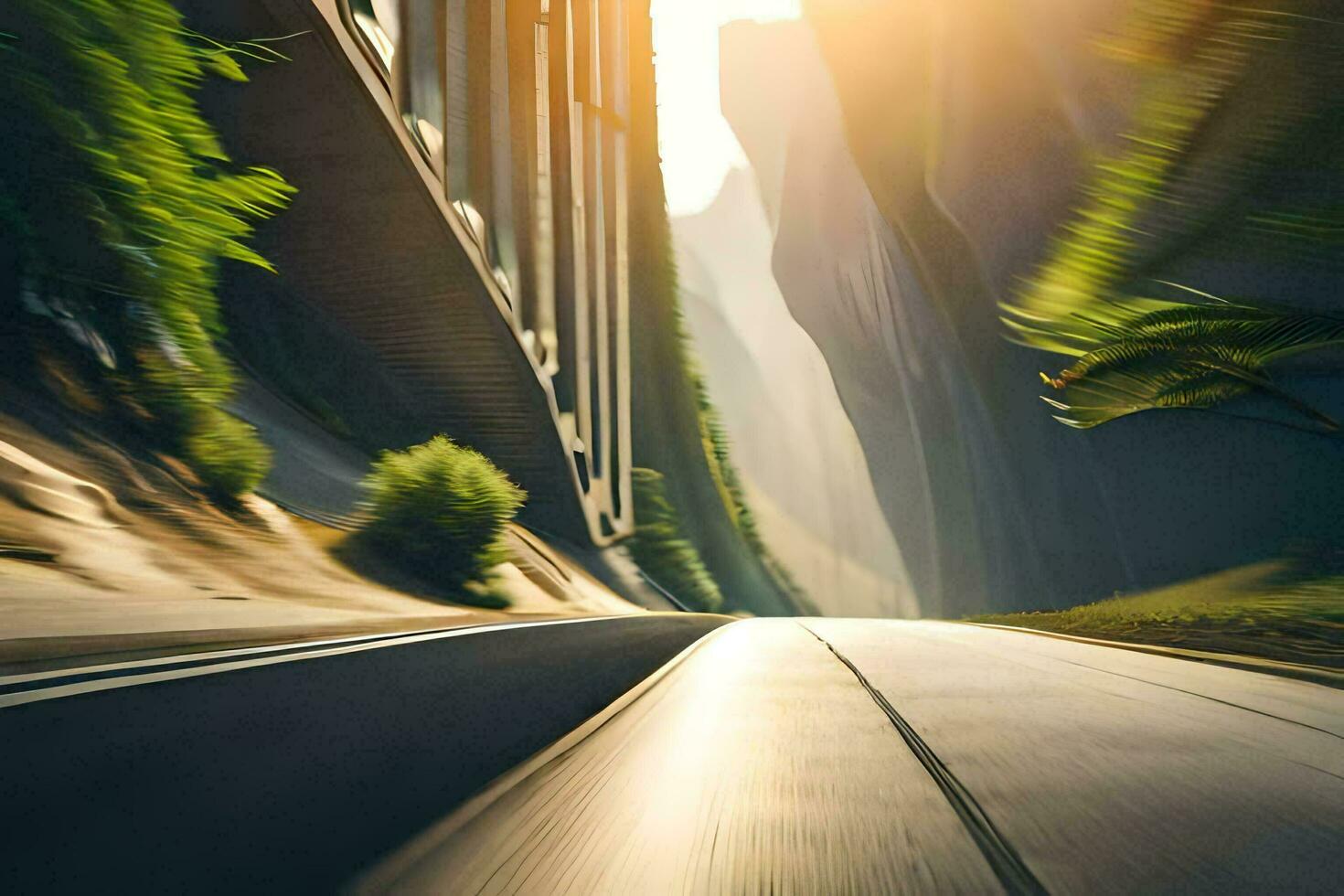 a car driving down a road in the mountains. AI-Generated photo