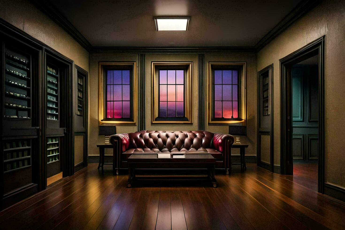a room with a couch and two windows. AI-Generated photo
