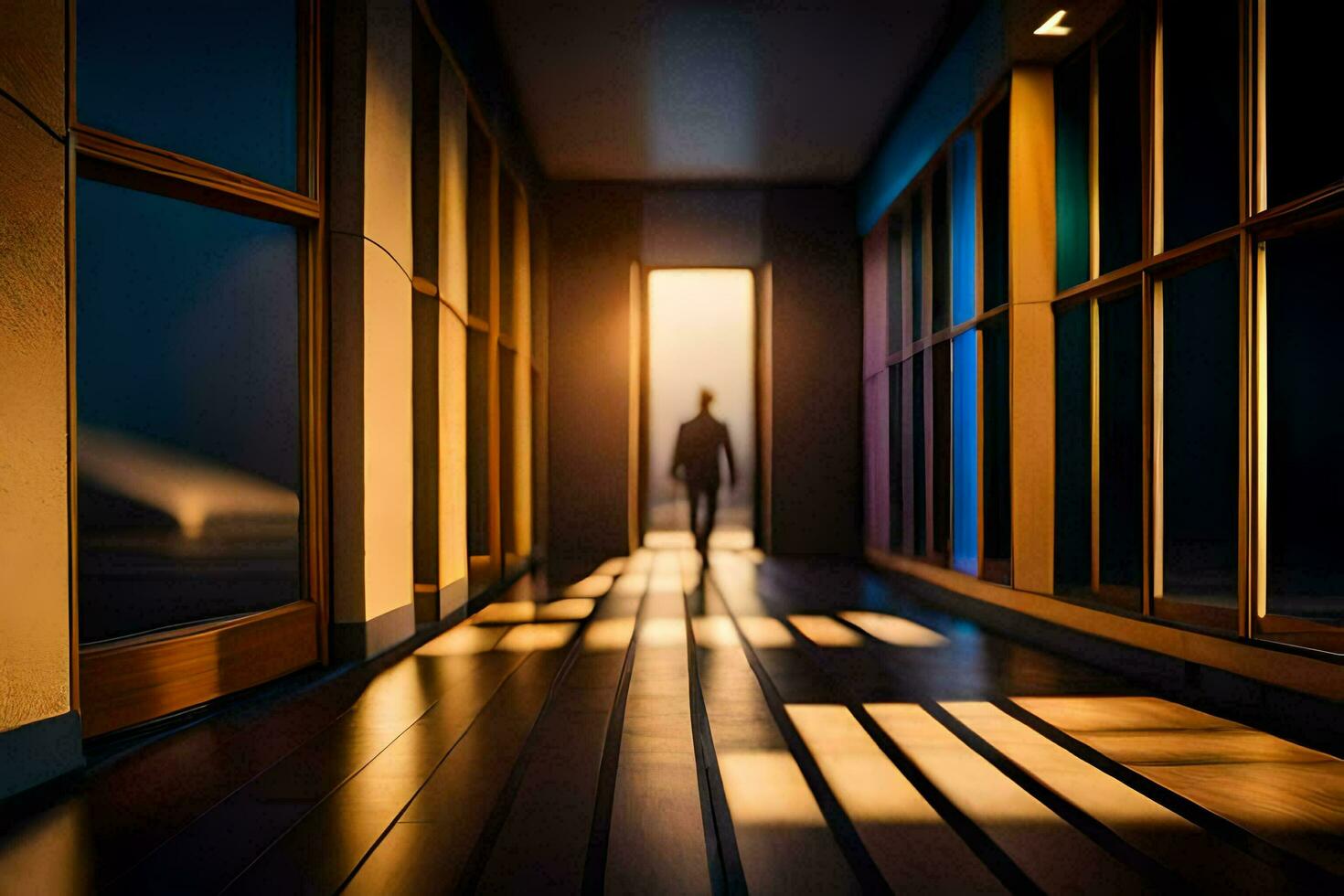 a man is walking down a hallway at night. AI-Generated photo