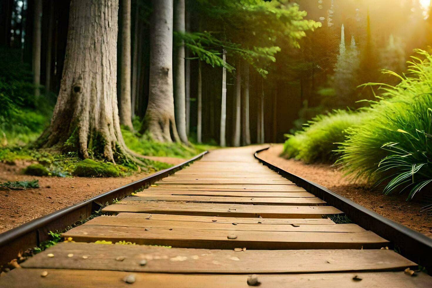 a wooden path in the forest. AI-Generated photo