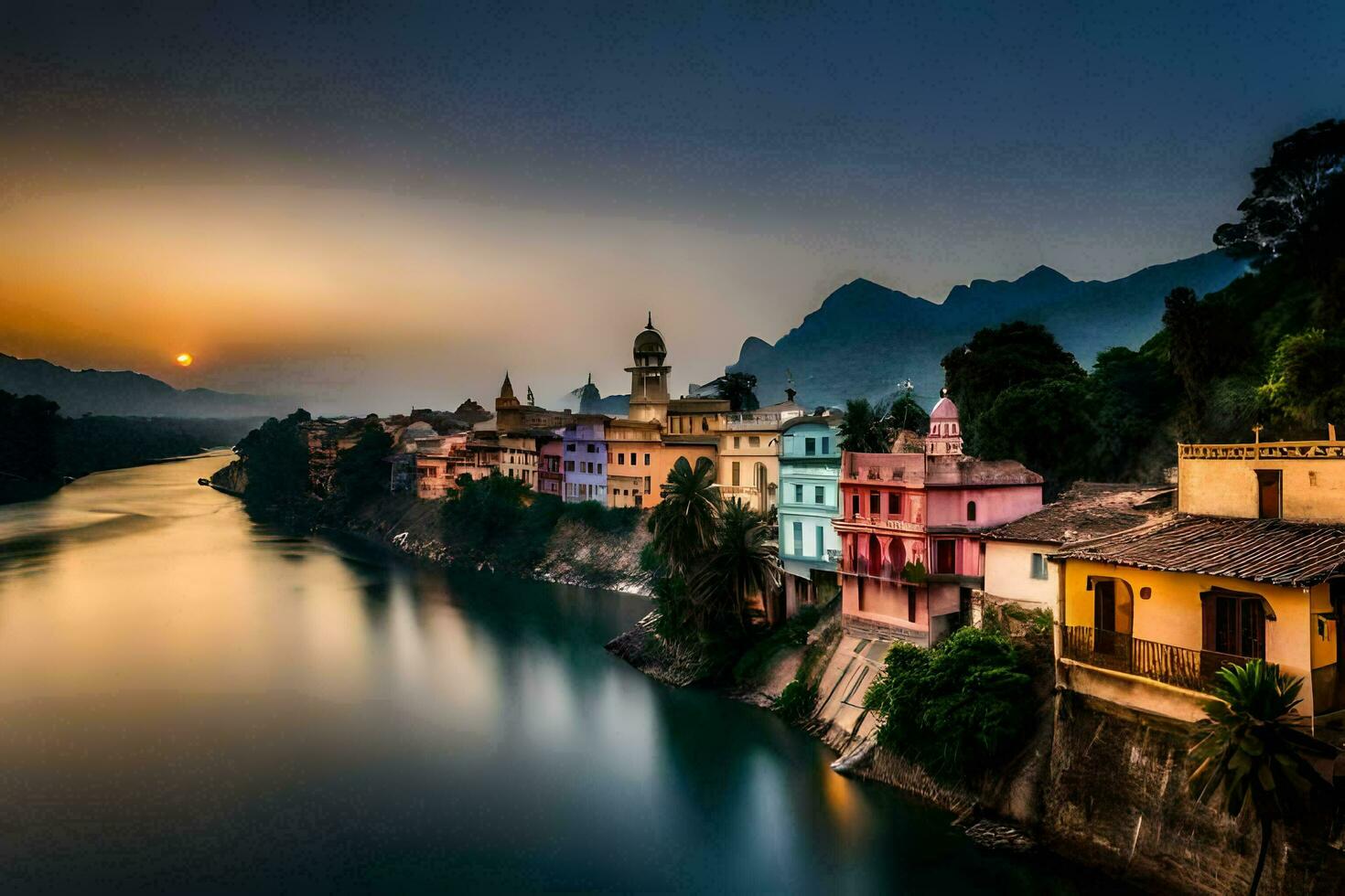 a river in the middle of a town at sunset. AI-Generated photo