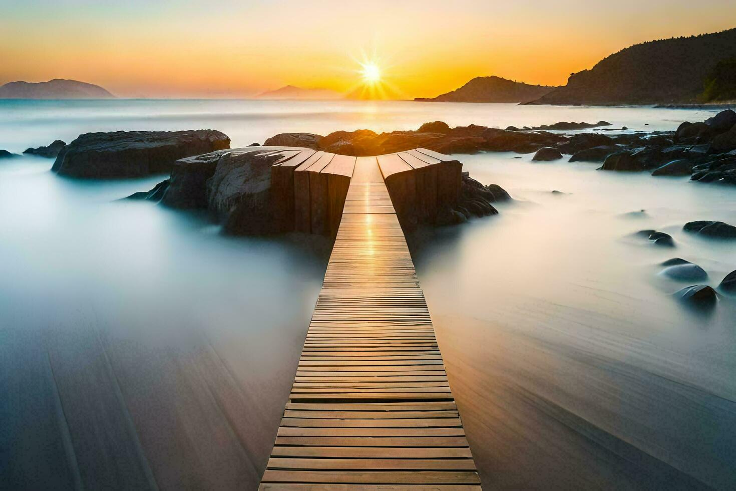 a wooden bridge over the ocean at sunset. AI-Generated photo