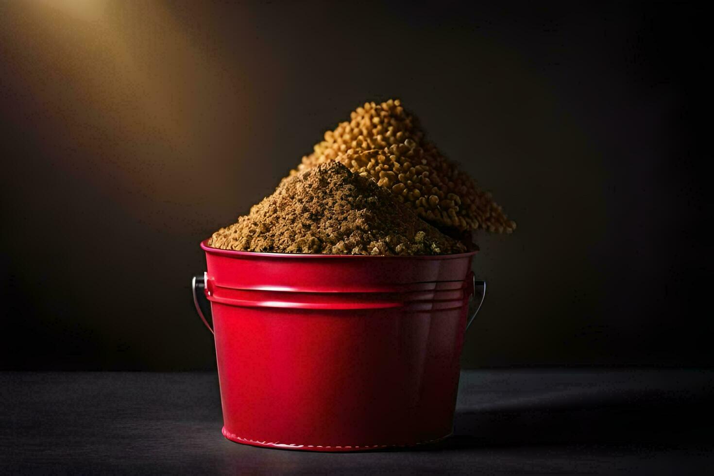 a bucket filled with brown sand and a pile of sand. AI-Generated photo