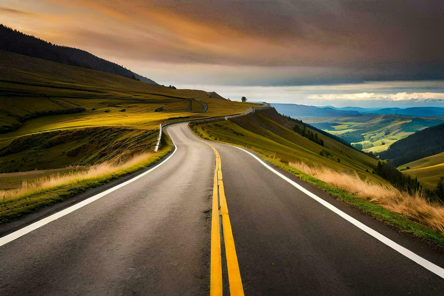 a long road with a yellow line on it. AI-Generated photo